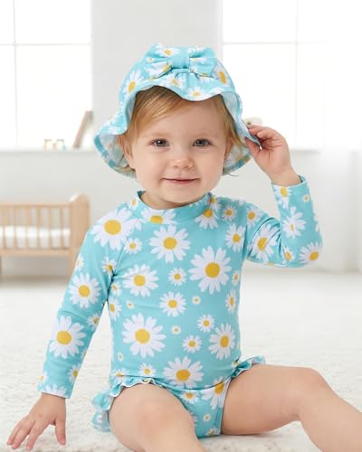 Image of SODLON Baby Girl Swimsuit Long Sleeve One-Piece Infant Bathing Suit 3M-3T | Girls Swim Suit with Hat & Zipper & Headband, Rash Guard Ruffle Swimwear, Toddler UPF 50+ Swimsuits, Baby Beach Essentials