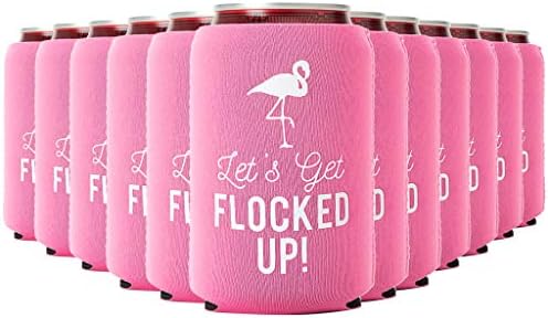 Let's Get Flocked UP!, Set of 12 Pink and White Can Coolers Cups, Flamingo Can Coolers Perfect Flamingo Party Supplies, Bachelorette Party, and Bridal Showers