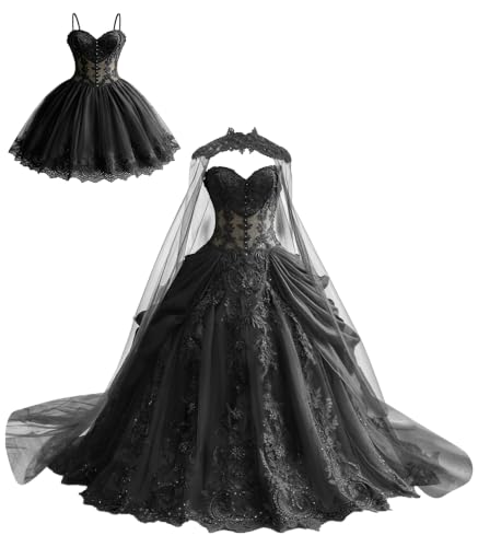 Mauuwy Black Gothic Wedding Dress 2 in 1 Bridal Gown with Cape Size 8