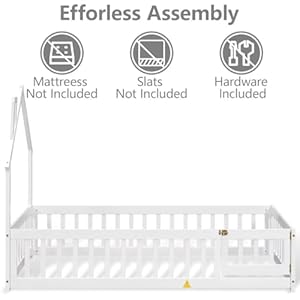 Full Size Montessori Floor Bed for Toddlers 1-3, Wooden Kids Floor Bed Frame with Fence & Gate Door for Girls Boys, House-Shaped Headboard, Without Slats, White Full Size Montessori Floor Bed for Toddlers 1 3 Wooden Kids Floor Bed Frame with Fence Gate Door for Girls Boys House Shaped Headboard Without Slats White