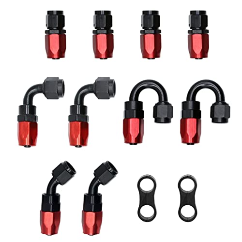 16Ft Fuel Line Kit 6An 3/8" Universal Black Nylon Braided Stainless Steel Oil Gas Fuel Hose With 10 Pcs Swivel Hose End Fittings (Red) & 2 Separator Clamps (Black) #TOP4