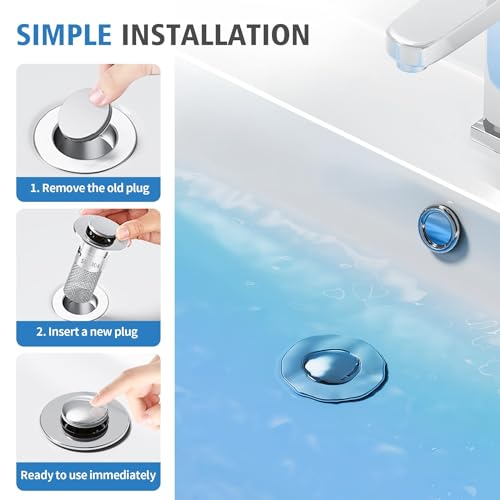 304 Edelstahl Pop Up Abflusssieb, Upgraded Bathroom Sink Plug, Metal Drain Plug Universelle, Waschbeckenstöpsel, Mit Filtersieb/Dichtungen, Abflussstopfen für Bad, Waschbecken und Küche (34-40mm).