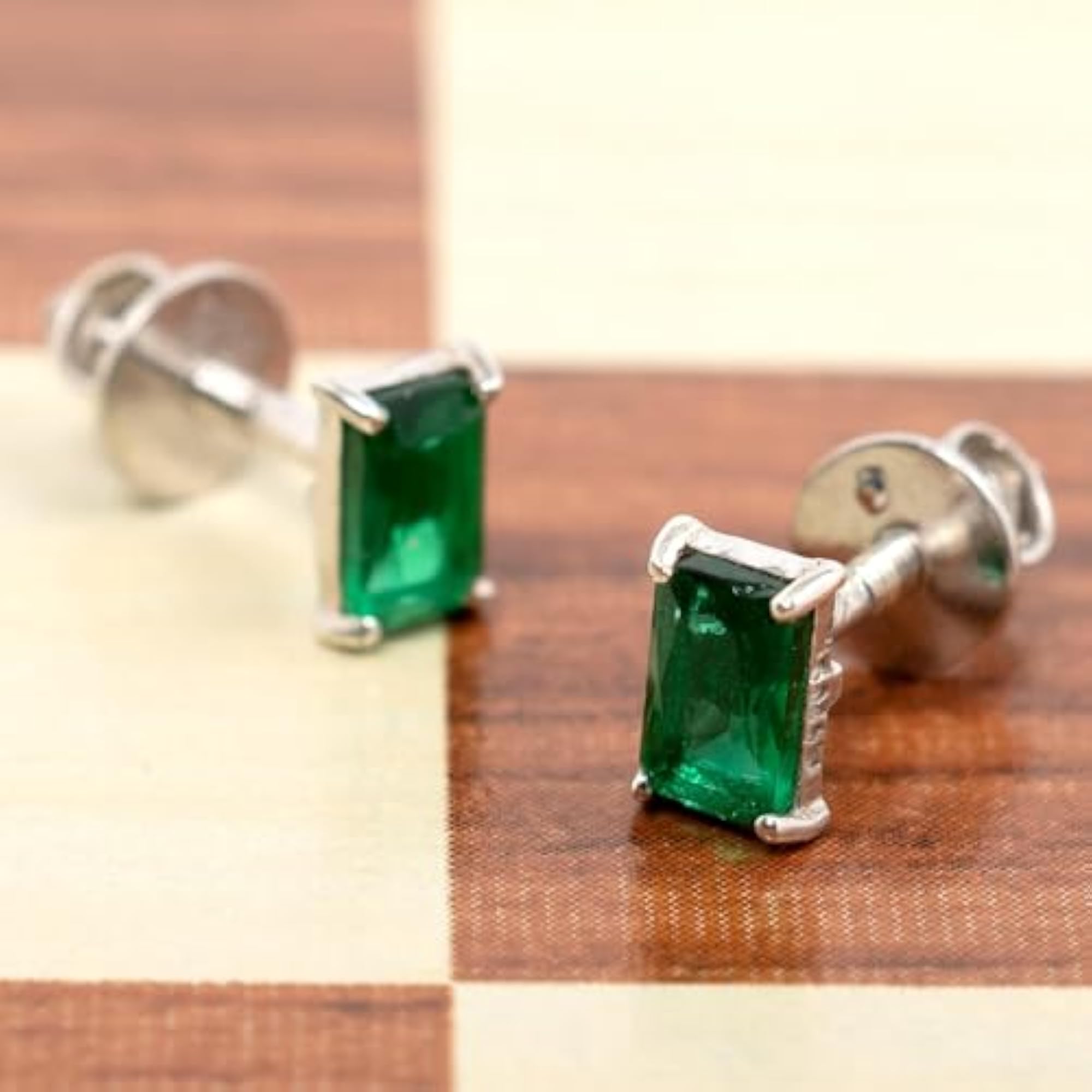 Women's 925 Silver Emerald Cut Stud Earrings