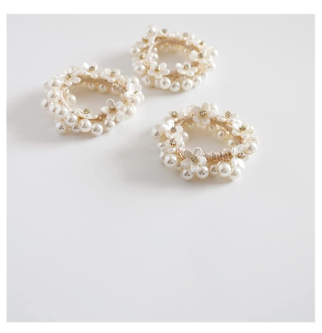 Scrunchies Per Capelli 3pcs Piccolo Fiore Testa Corda Braccialetto Capelli Anello Intrecciato Imitazione Perla Ragazza Copricapo Elastici Per Coda Di Cavallo