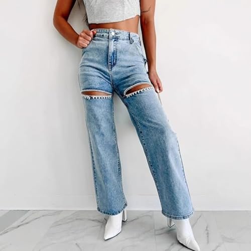 Women's high Waist Loose Stretch Ripped Jeans Rhinestone Trim Shiny Wide Leg Straight Jeans3