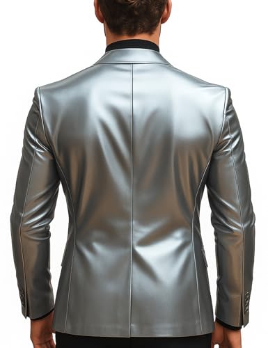 Men's Silver Leather Blazer,Single-Breasted,2 Buttons,Sharp Tailored Fit,Modern Lapel,Formal,Stylish4