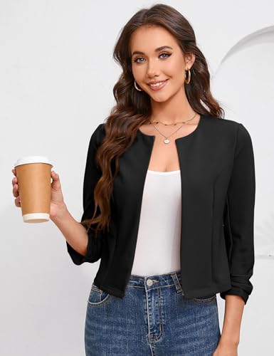 BLUEMING Women’s Open Front Crop Blazer 3/4 Ruched Sleeve Slim Fit Solid Jacket Lightweight Cardigan3