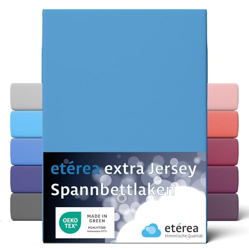 etérea Extra Jersey Sábana Bajera 240x220cm Oekotex Made in Green - 100% algodón Peinado - hasta 35 cm de Alto - 240x220 cm Azul Claro