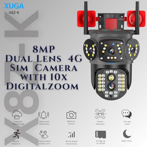 Image of XUGA Cybernautt X8Z-K 8MP Dual Lens 4G PTZ Camera | Dual view screen with 10x digital zoom. Outdoor waterproof build. Compatible with Airtel 4G SIM for remote field security.