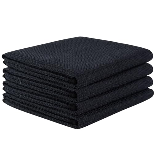 VIVOTE 4 Packs Black Tea Towels, Super Absorbent No lint Kitchen Towel, Machine Washable Microfibre Waffle Cloth, No Water Marks Tea Towels for Kitchen, Barista Cloth, 50x70 CM,200gsm