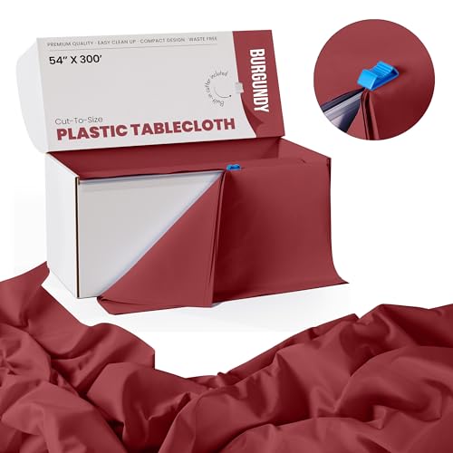 Image of Exquisite Party Solids 54 Inch X 300 Feet Burgundy Plastic Table Cover Roll in A Cut - to - Size Box with Convenient Slide Cutter. Cuts Up to 36 Rectangle 8 Feet Plastic Disposable Tablecloths
