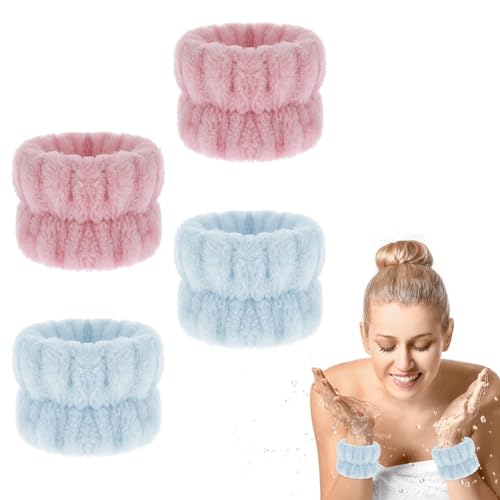 Abeillo - 4 piezas de pulseras spa para muñeca de microfibra, tipo toalla de coral absorbente para lavar la cara y usar en la ducha (rosa y azul)