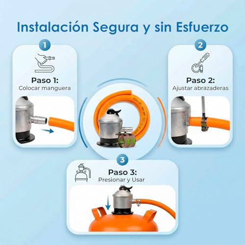 Miniatura 7 de Cia Co Kit Regulador Gas Butano 30 Mbar Homologado Manguera 1,5 M 3 M 5 M Y Abrazaderas Regulador Para Bombonas De Gas En Cocinas, Camping, Hornillos, Barbacoas Y Paelleros. Classic - 1,5 M
