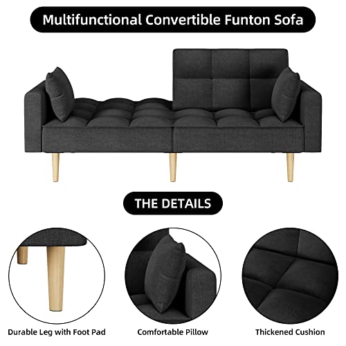Senfot Futon Couch Sofa Linen Sofa Convertible Sofas, Modern Linen Upholstered Futons Couch Bed With 2 Pillows, Modern Design With Button Tufted And Thickened Wood Leg In Black #TOP7
