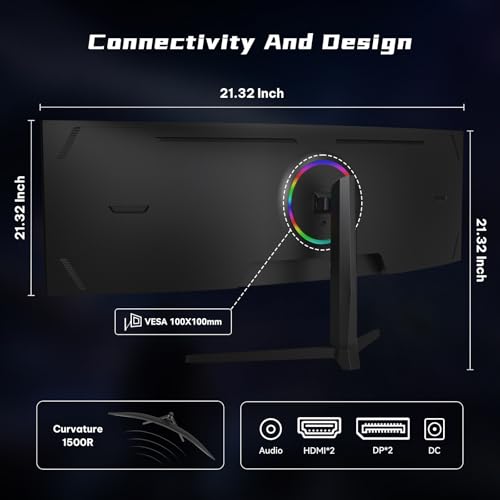 Image of Great voell 49 Inch 165Hz Curved Gaming Monitor, 1500R DQHD 5K 32:9 Display, 1ms Response Time, HDR400, NVIDIA G-Sync& FreeSync, 127% sRGB, Adjustable Stand, VESA, Pro Gaming & Creating