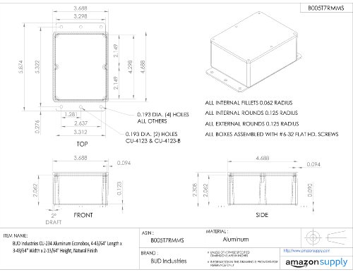 Bud Industries Cu-234 Aluminum Econobox 4" L X 3" W X 2" D, Natural #TOP4