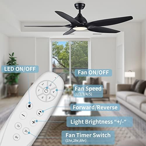 Newday Ceiling Fan with Light,60" Black Ceiling Lamp with Fan and Remote Control,24W LED Modern Mute Ceiling Fans for Bedroom,Living Room,3 Color Adjustable,DC Motor,5-Speed Wind Speed,