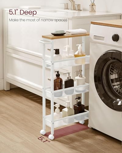 Image of VASAGLE Slim Rolling Cart, 4-Tier Storage Cart, Narrow Cart with Handle, 5.1 Inches Deep, Metal Frame, for Kitchen, Dining Room, Living Room, Home Office, Oak Beige and Classic White ULRC032W09