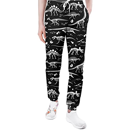 Black Dinosaur Skeleton Pattern Unisex Pants Jogger Sport Casual Sweatpants Trousers with Drawstring for Men Women