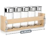 COM-FOUR® zestaw 12 dozowników do przypraw, szklane sloiczki z pokrywka w drewnianym stojaku, solniczka i pieprzniczka do kuchni i przechowywania (Zestaw 12 elementów - shaker/pólka)
