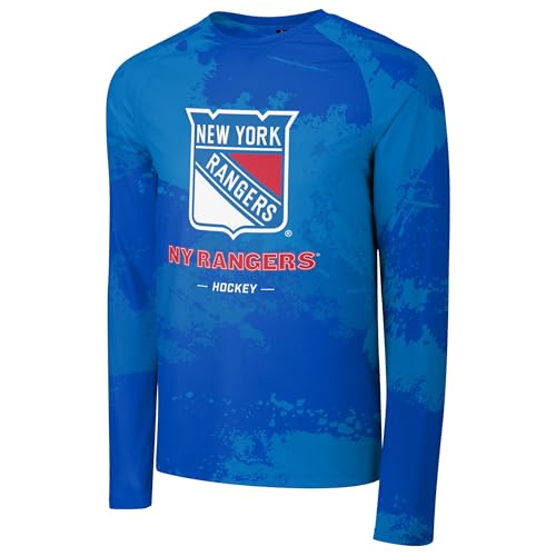 FOCO NHL Men's Official Primary Logo Wordmark Paint Stroke Polyester Performance Long Sleeve T-Shirt (US, Alpha, Large, Regular, Regular, New York Rangers - Blue, New York Rangers)