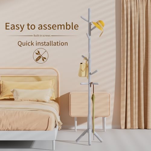 Solid Wood Coat Rack, Freestanding Tree-Shaped Coat Rack with 11 Hooks, Main Pole 1.6" dia for Clothes, Hat Stand Used in Bedroom/Office/Entryway (3-Leg Base, White) by Awatiwa - Used condition - Image 4