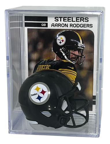 Aaron Rodgers Card with Pittsburgh Steelers Pocket Pro Size Football Helmet Shadow Box