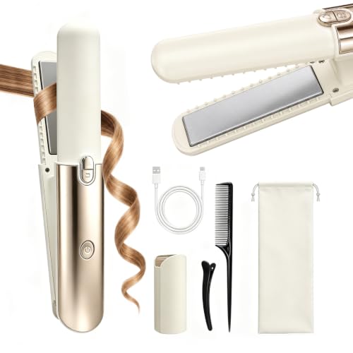 Hair Straighteners Mini Cordless Travel, 2 in 1 Travel Upgrade Hair Straightener|Wireless Portable Hair Curler with USB Charging|Mini Curling Iron with 5000mAh Battery, 4/7 Heating Modes, Reduce Frizz