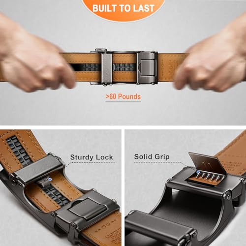 Image of BULLIANT Men's 2-Pack Ratchet Leather Belt Trimmable 1 3 /8 inch-Gift Boxed