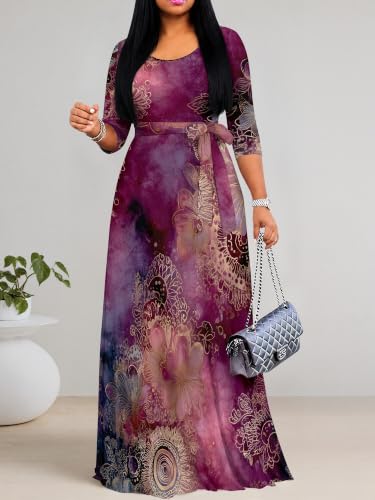 Image of PinkPatty Plus Size Maxi Dress for Women Casual V Neck 3 /4 Sleeve Boho Printed Long Dress with Pockets