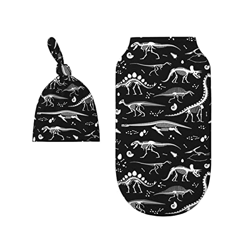 Image of Ykklima Black and White Dinosaur Skeleton Pattern Baby Newborn 100% Cotton Swaddle Blanket with Beanie Hat Set Cotton Receiving Blankets Sleep Sack for Girls Boys Infant Gifts