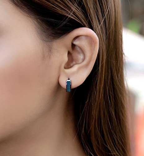 Dazzlingrock Collection Round Blue Diamond Double Row Unisex Hoop Earrings In Black Plated 925 Sterling Silver #TOP1