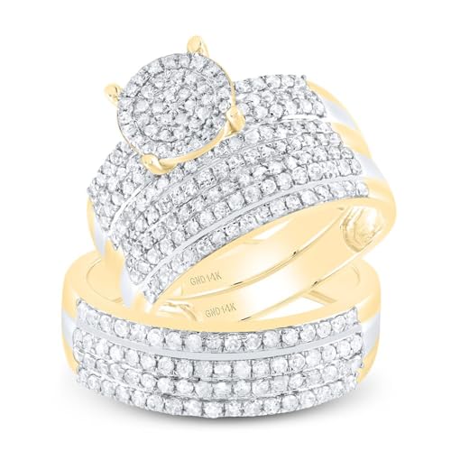 Jewels By Lux 14K Yellow Gold His Hers Round Diamond Cluster Matching Wedding Set 1-1/3 Cttw, Womens Size 5-9, Mens Size 8-12