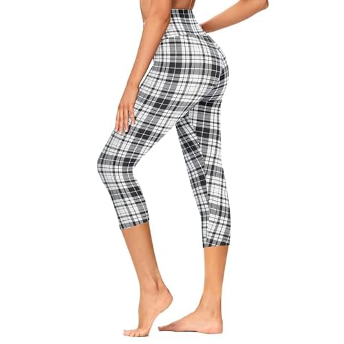GAYHAY High Waisted Capri Leggings for Women - Soft Slim Yoga Pants for Running Cycling Workout No Pockets Small-Medium A-black White Plaid