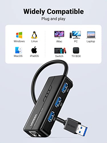 Ugreen Usb 3.0 Hub Ethernet Adapter 10 100 1000 Gigabit Network Converter With 3 Usb 3.0 Ports Hub Compatible With Laptop Pc Nintendo Switch Macbook Mac Mini Surface Xps Windows Linux Macos, And More #TOP3