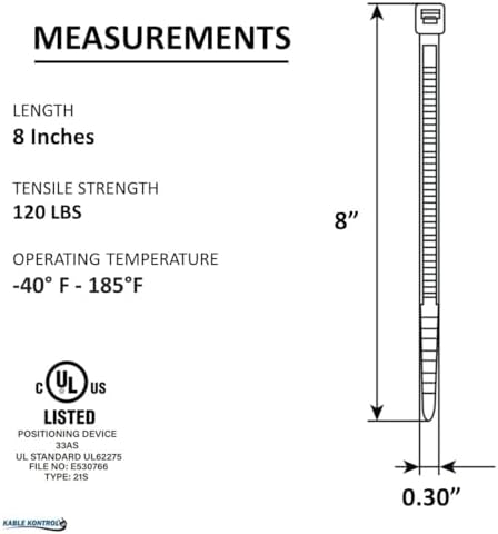 Kable Kontrol Heavy Duty Cable Zip Ties 100 Pcs 8 Inch, Natural White, 120 Lbs Tensile Strength, Self-Locking Nylon Clear Plastic Wire Ties Wraps for Indoor or Outdoor Use