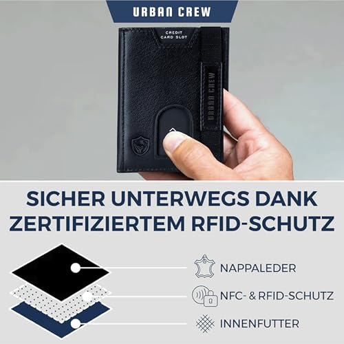 URBAN CREW Smart Slim Wallet for Men – RFID Blocking Leather Card Holder with Swipe-Up Slot & Elastic Strap – Minimalist Front Pocket Wallet (Black)4