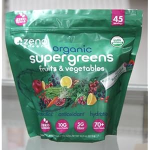 ZENA ORGANIC SUPER GREENS FRUITS AND VEGETABLES 45 SERVINGS, 18.25 OZ, ZERO SUGAR, 10G SUPERFOODS, 5G FIBER, 70 PLUS SUPERFOODS.