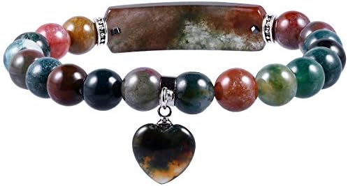 Nupuyai 8MM Indian Agate Stretch Bracelets for Unisex, Healing Stone Bracelet with Dangle Heart Charm 7"