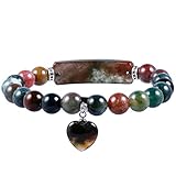 Nupuyai 8MM Indian Agate Stretch Bracelets for Unisex, Healing Stone Bracelet with Dangle Heart Char