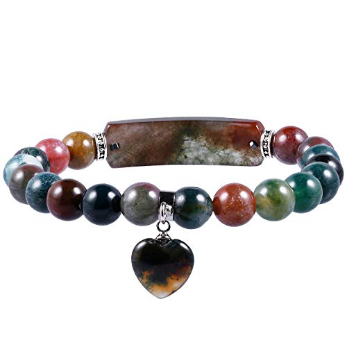 Nupuyai 8Mm Indian Agate Stretch Bracelets For Unisex, Healing Stone Bracelet With Dangle Heart Charm 7" #TOP17