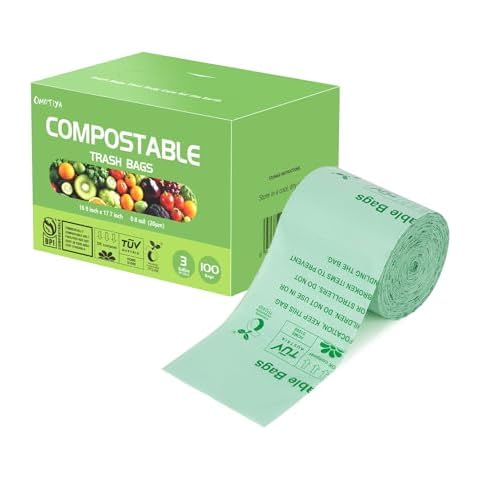 Compostable Trash Bags 3Gallon, Compostable Food Scrap Bags, 16.9" x 17.7", Small Kitchen Compost Bags, 0.8 Mils Thick Green Bin Liners for Food Waste and Composting, 100-Count Cover