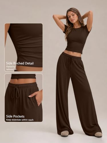 Image of Trendy Queen 2 Piece Matching Summer Lounge Set Womens Side Ruching Top Wide Leg Pants Sets with Pockets