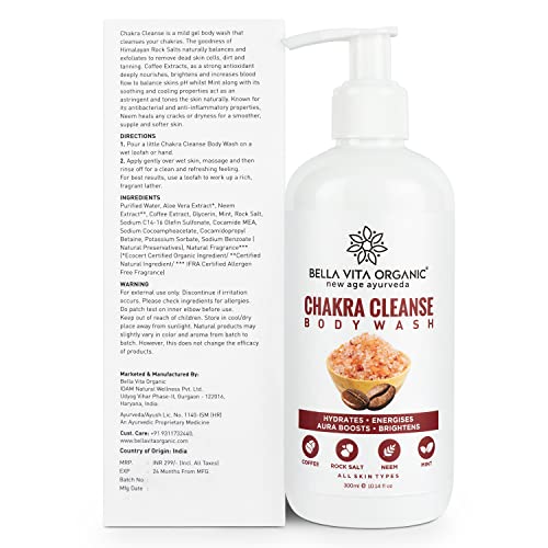 Image of Bella Vita Organic Chakra Cleansing Body Wash Shower Gel Aura Boosting Positivity with Himalayan Rock Salt, Real Coffee Beans & Essential Oils, 300 ml