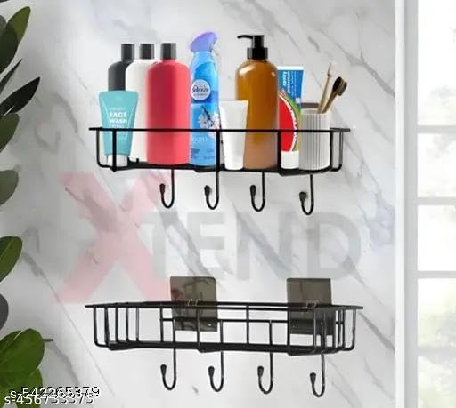 (PACK OF 2) Steel Self-Adhesive Multipurpose Bathroom Shelf with Hooks/Towel Holder/Rack/Bathroom Accessories-Wall Mount - Pack|Design - for home and kitchen 2