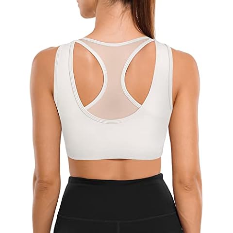 CYDREAM Women Zip Front Sports Bra Mesh Racerback Bras Supportive Wirefree Removable Padded Yoga Workout Gym Top, White, L Cover