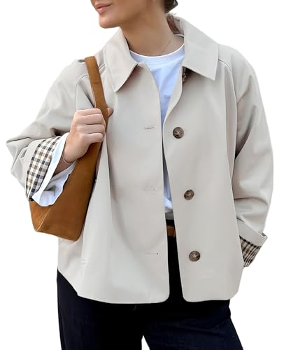 TITOMD Women’s Spring Cropped Trench Coat, Single-Breasted Plaid Lining Office Loungewear Weekend Market Ultra-Light Pockets for Essentials Cropped Jackets Beige-M