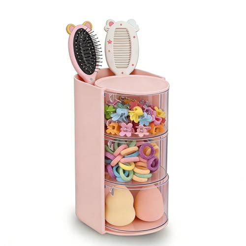 Aodse Hair Accessories Organizer for with Hair Brush Holder Divided Rotatable Makeup Easy Organization of Hair Clips Rings Earrings Makeup Brushes Hair Clip and Hair Accessories (Pink 3-Layer)