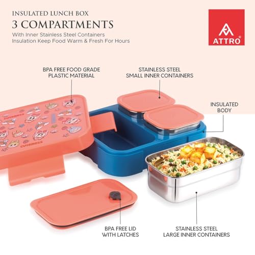 Image of ATTRO Admire Deluxe 3 Compartment Stainless Steel Lunch Box, BPA-Free Inner Steel, Airtight & Leakproof, Lightweight Easy Carry Tiffin for Kids School Travel, Cute Monster Print- Peach-800ml