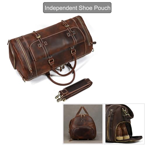 Full-grain Genuine Leather Travel Bag Large Capacity Duffel Luggage Bag with Shoe Compartment, Men Women Shoulder Bag for Weekend Holiday Business Trip, 58cm4